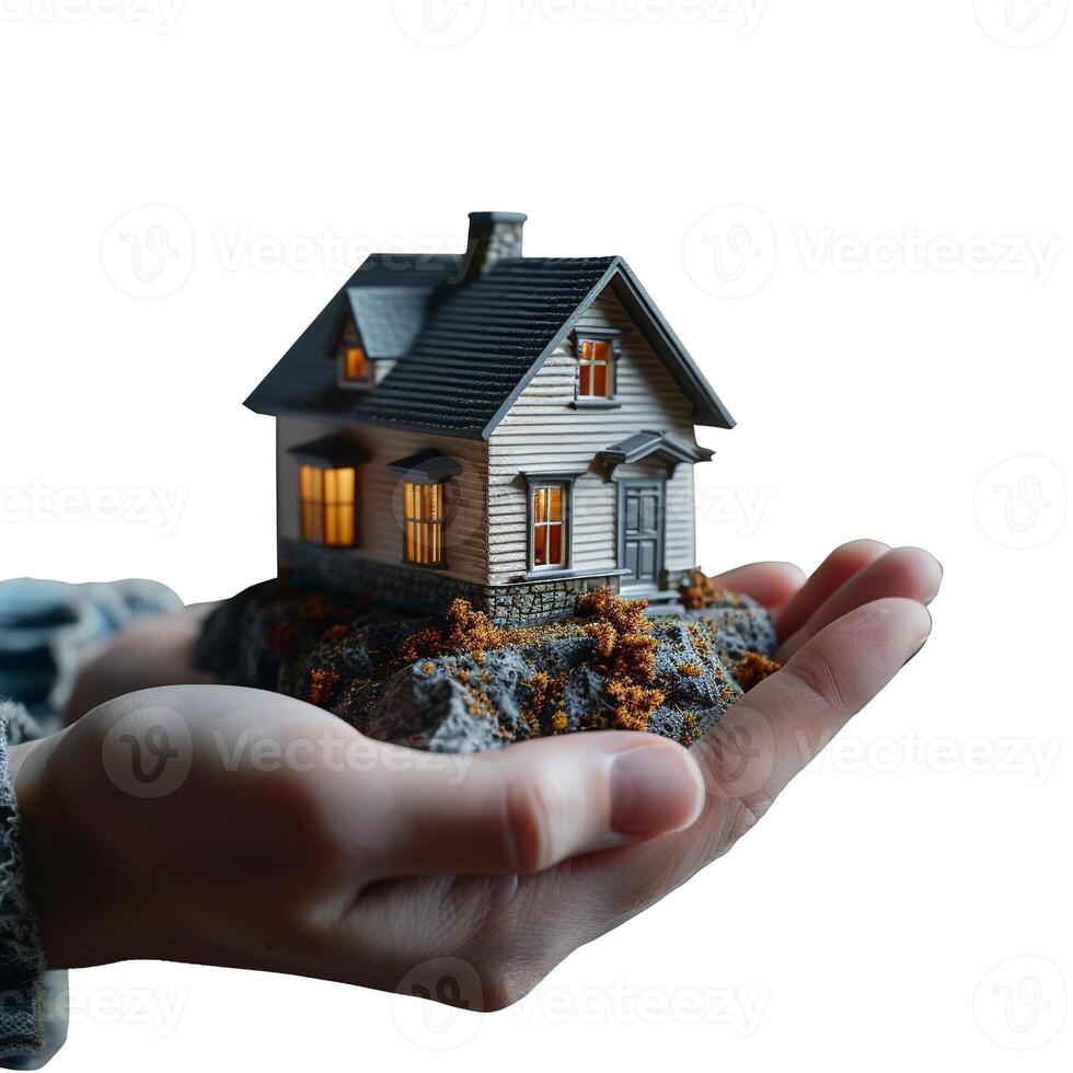 AI generated Hand holding model house for buy real estate concept photo