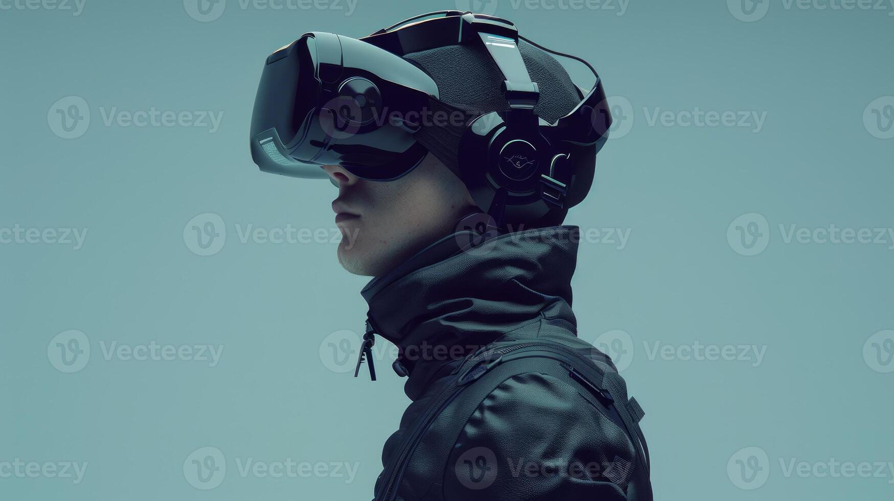 AI generated Futuristic Virtual Reality Experience - A Person in a Dark Outfit Wearing a VR Headset Against a Cool Blue Background photo