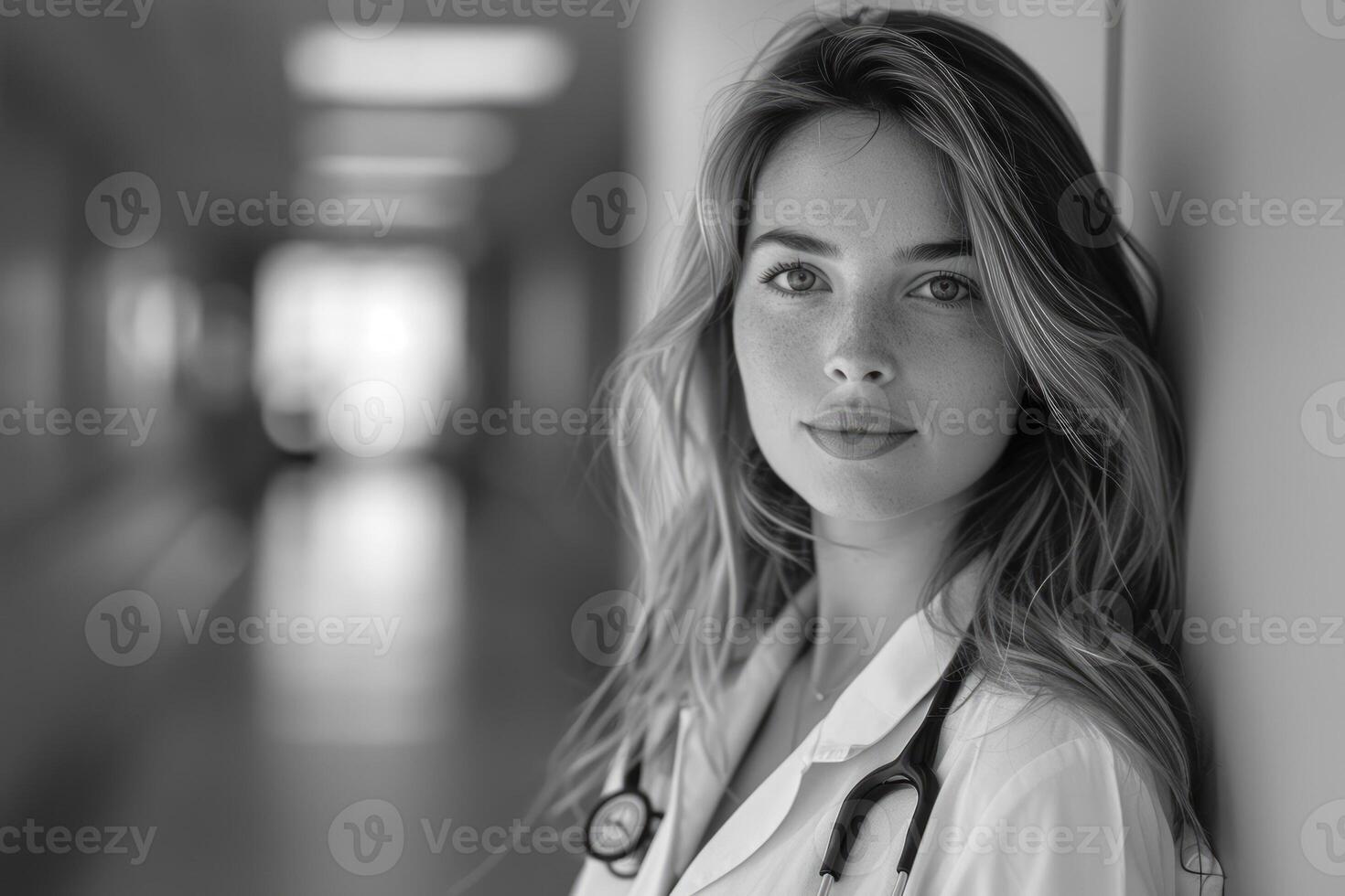 AI generated A girl in the role of a doctor in a hospital, very beautiful, full-length, top model. photo