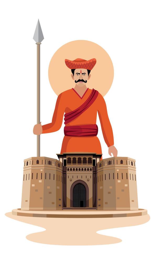 shaniwar wada pune fuerte con Maratha guerrero en pie con lanza vector