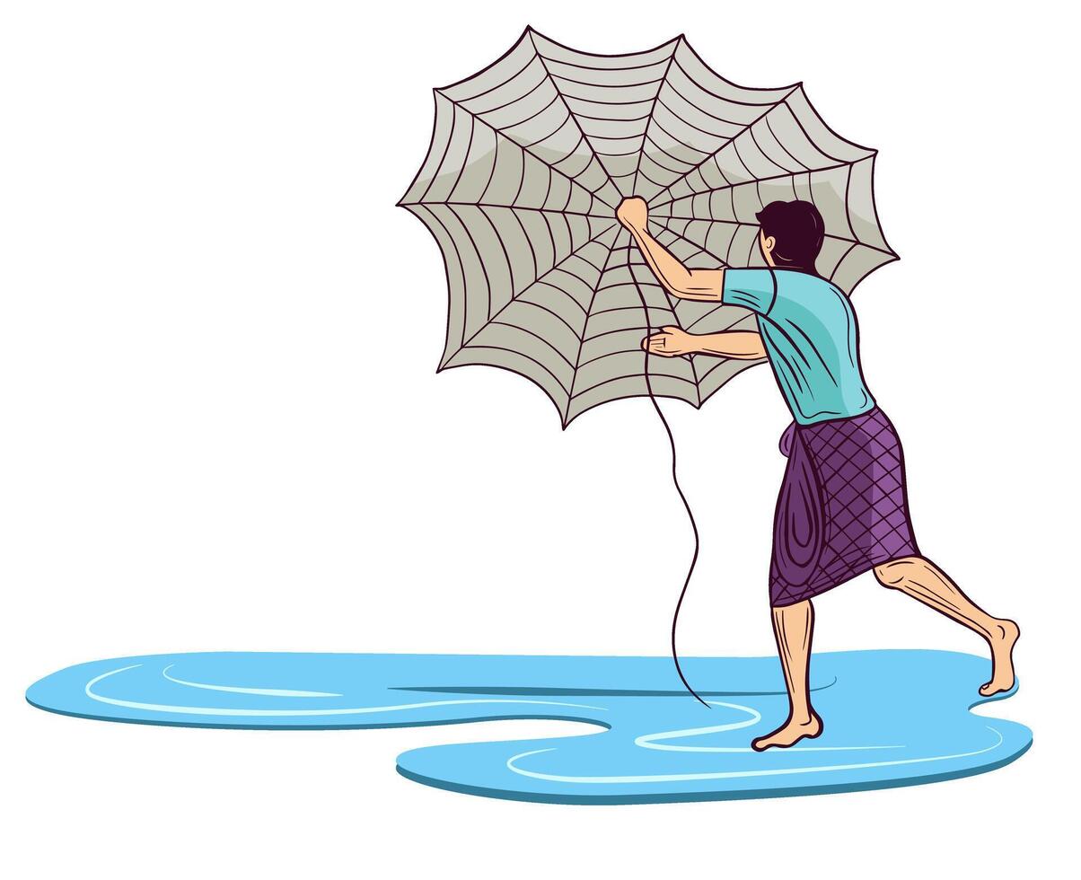 indian fisherman throwing net in water vector