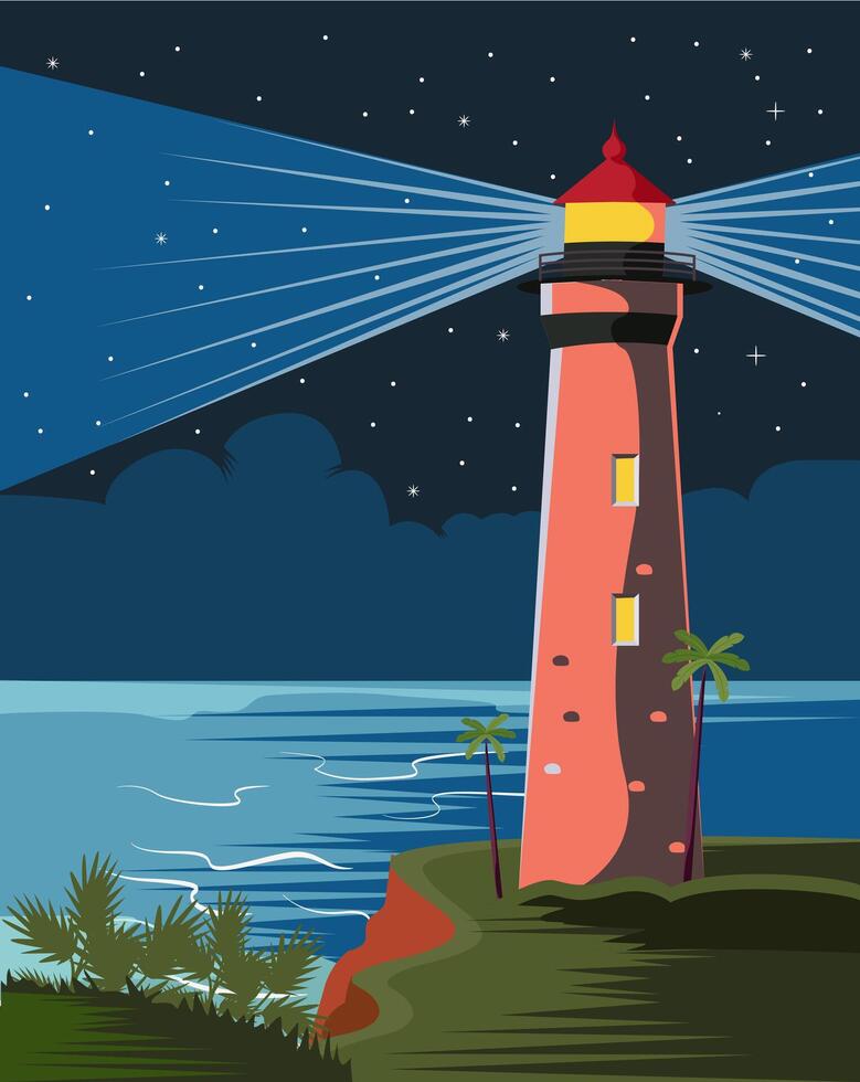 lighthouse, beautiful ocean or sea view in night vector