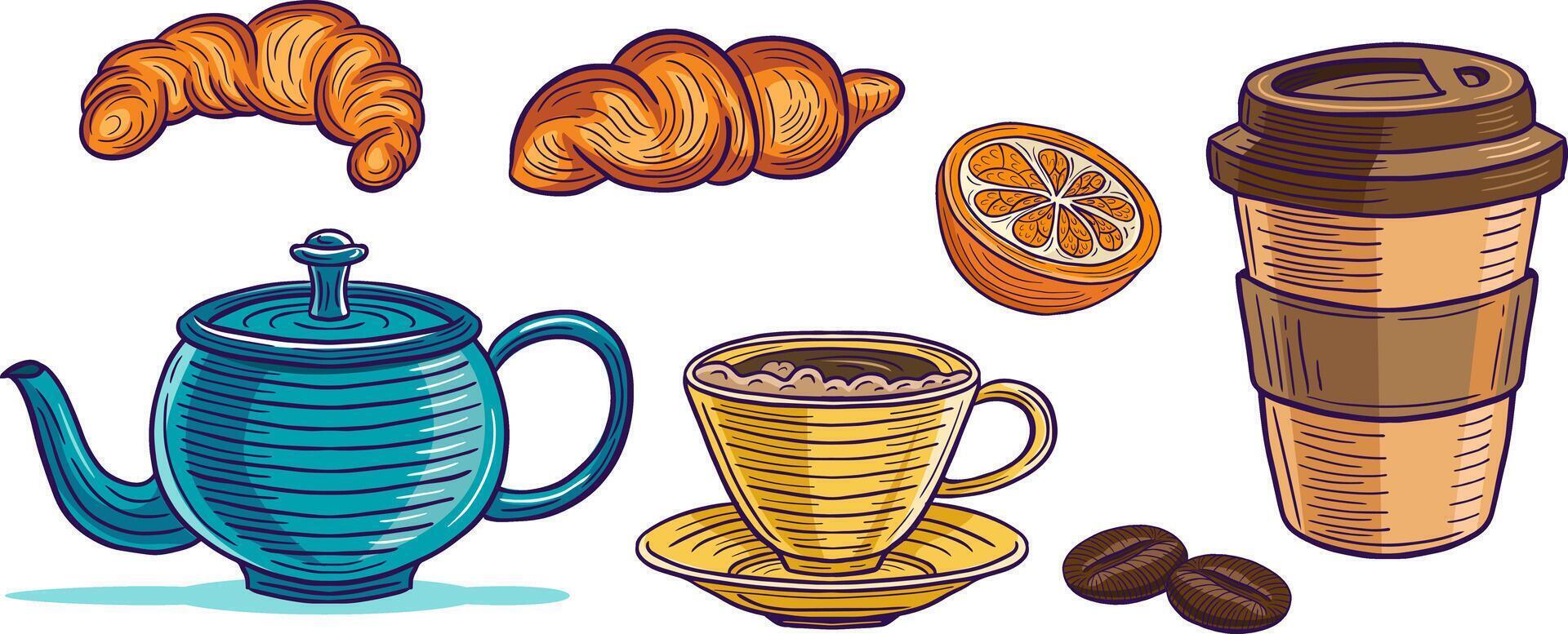 mano dibujado té, cuerno y café de colores vector