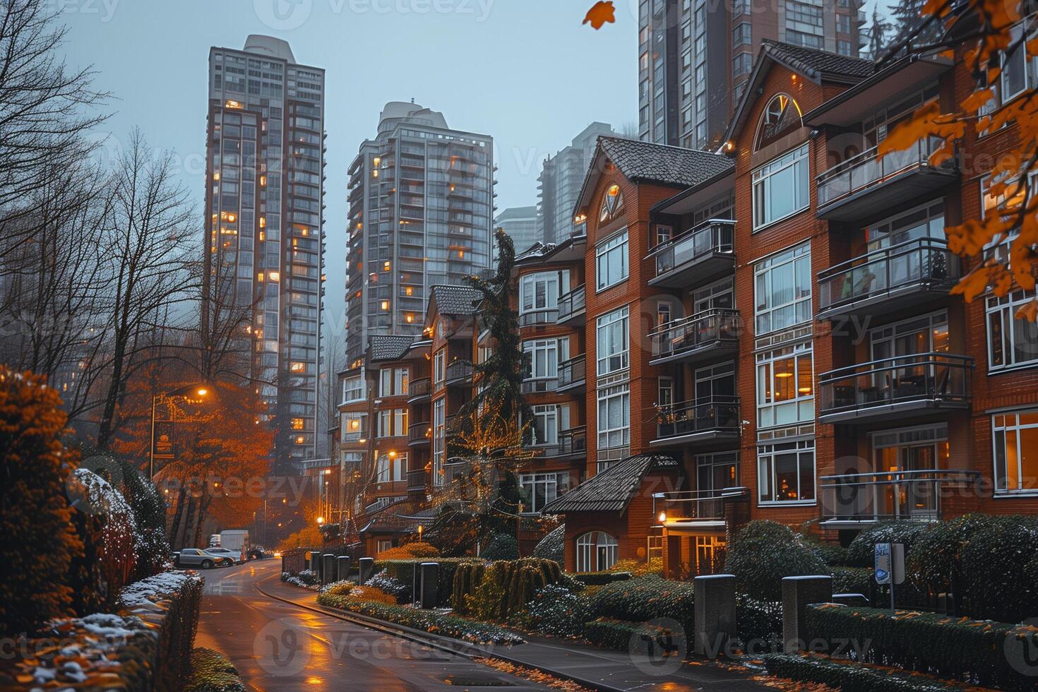 AI generated Beautiful autumn cityscape of skyscrapers and townhouses in the fog. photo