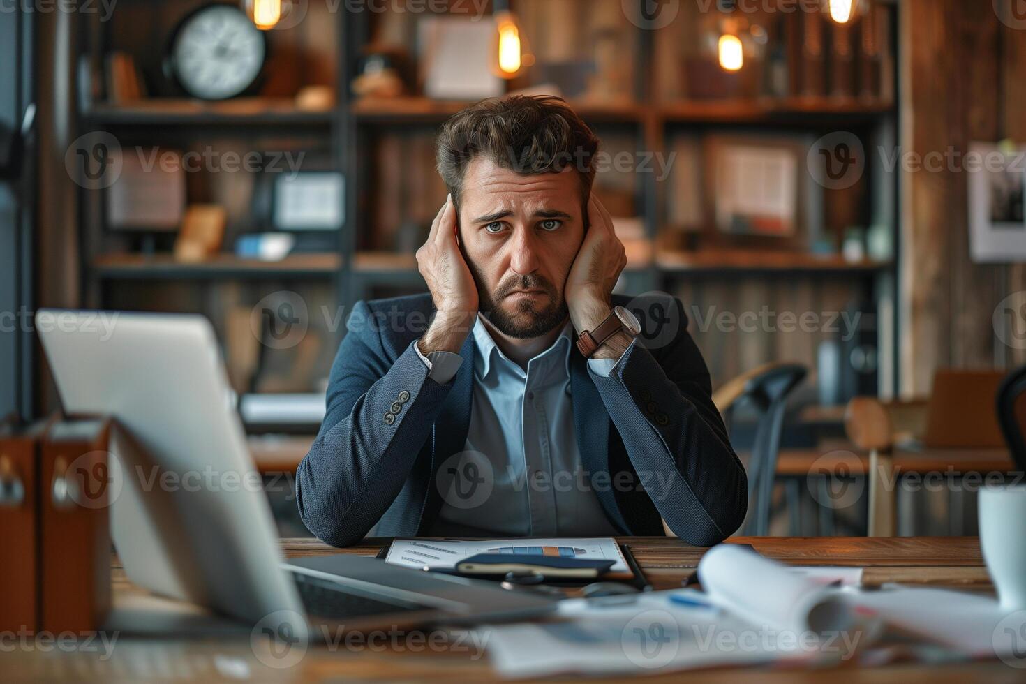 AI generated Upset and tired male employee at work in the office who is worried about unfinished reports photo