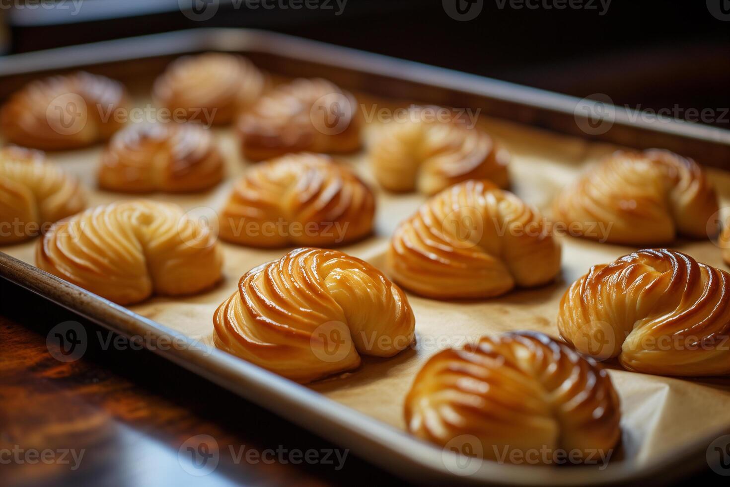 AI generated freshly baked buns on a baking sheet, selective focus photo