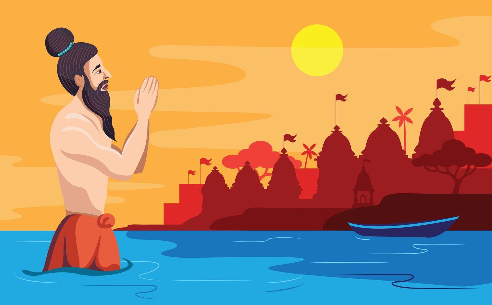 espiritual gurú sadhu Orando en río a varanasi vector