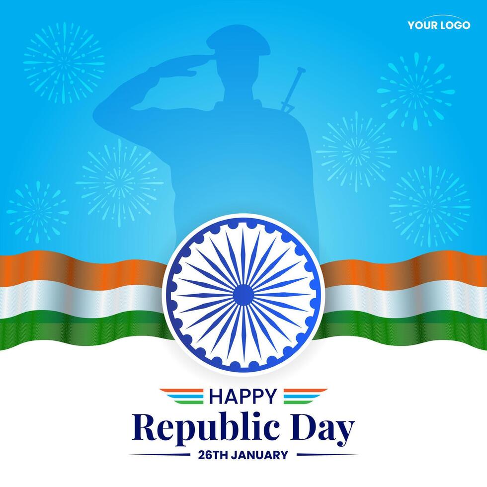 26 january republic day of india celebration with indian flag and soldier vector