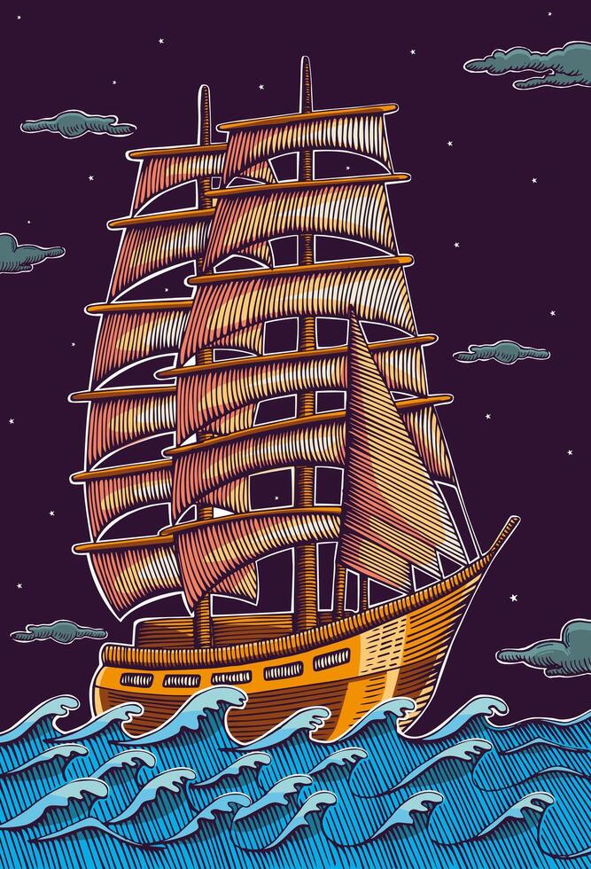 vintage hand drawn line art  ship  engraved color vector