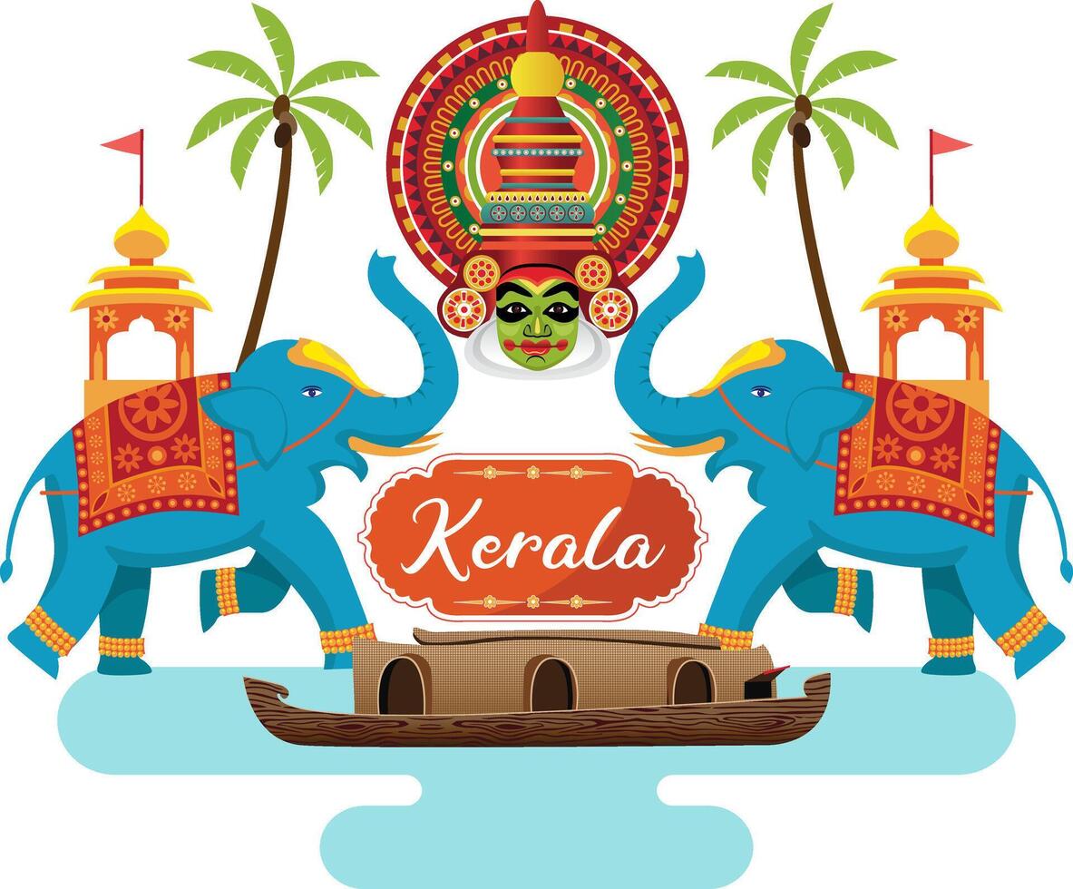 indian kerala design, houseboat with kathakali face and decorated elephant vector