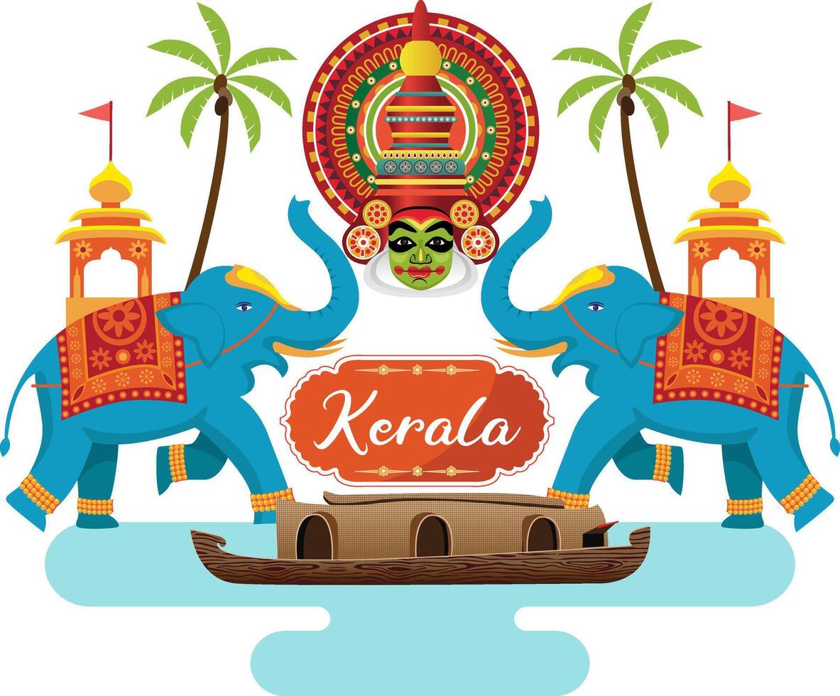 indian kerala design, houseboat with kathakali face and decorated elephant vector