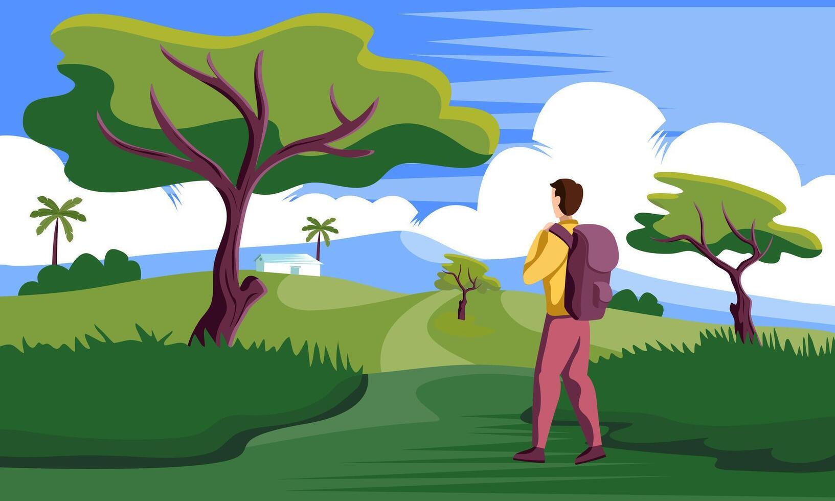 man walking on path to home countryside in mountains vector