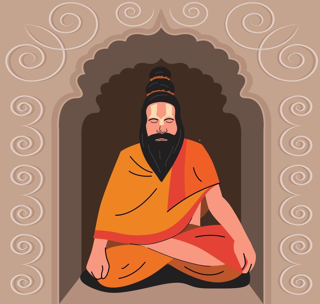 sadhu meditando dentro el templo vector