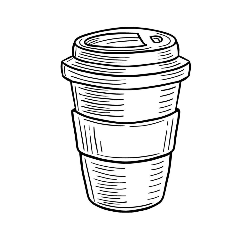 Disposable cup of coffee with cardboard holder and cap hand drawn engraved sketch drawing vector