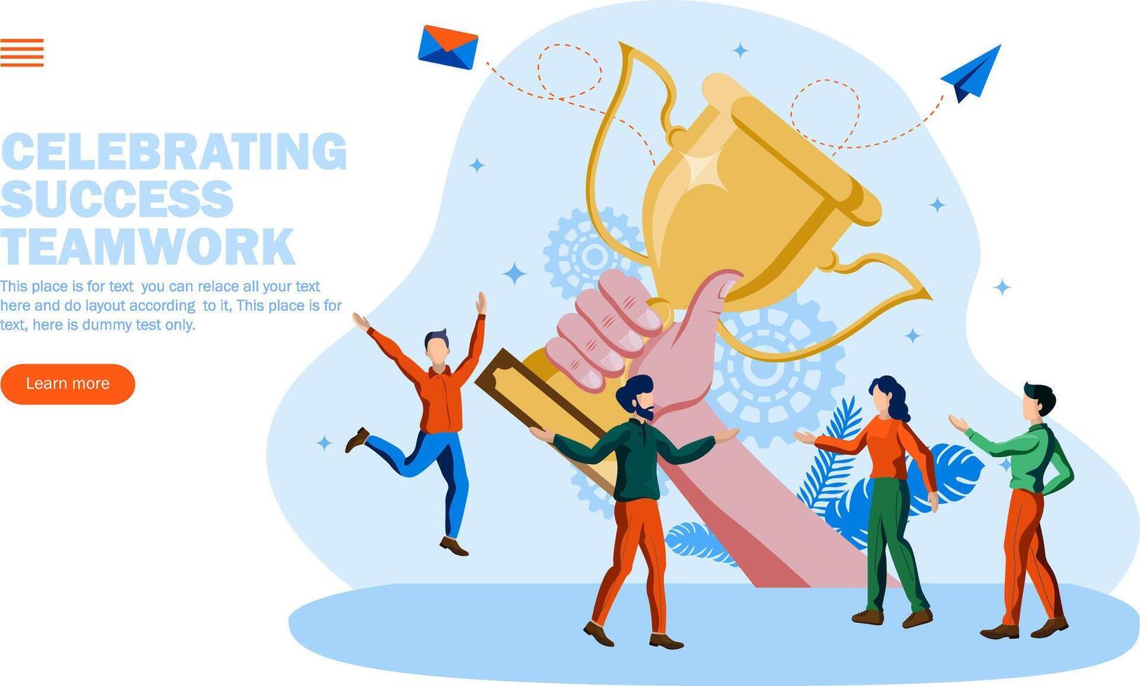 team celebrating teamwork with big winning hand trophy concept vector illustration