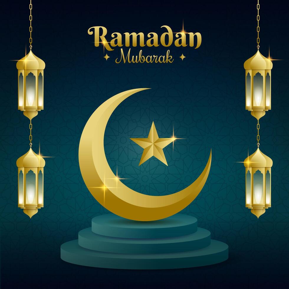 ramzan Mubarak saludo con islámico diseño linterna y eid Luna vector