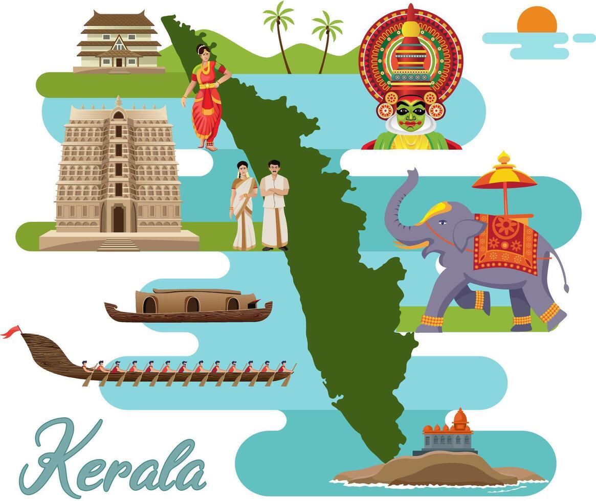 tourism and traditional culture with kerala map, india vector