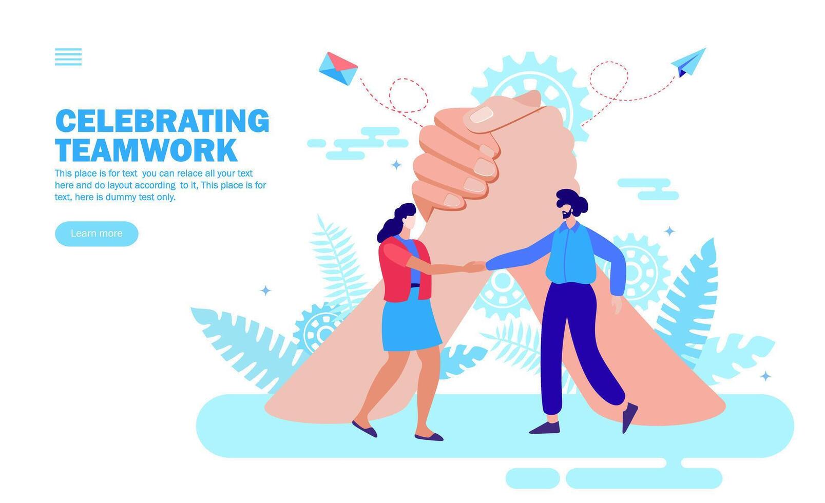 Congratulating persons and celebrating teamwork and success together in front of joining hands vector illustration