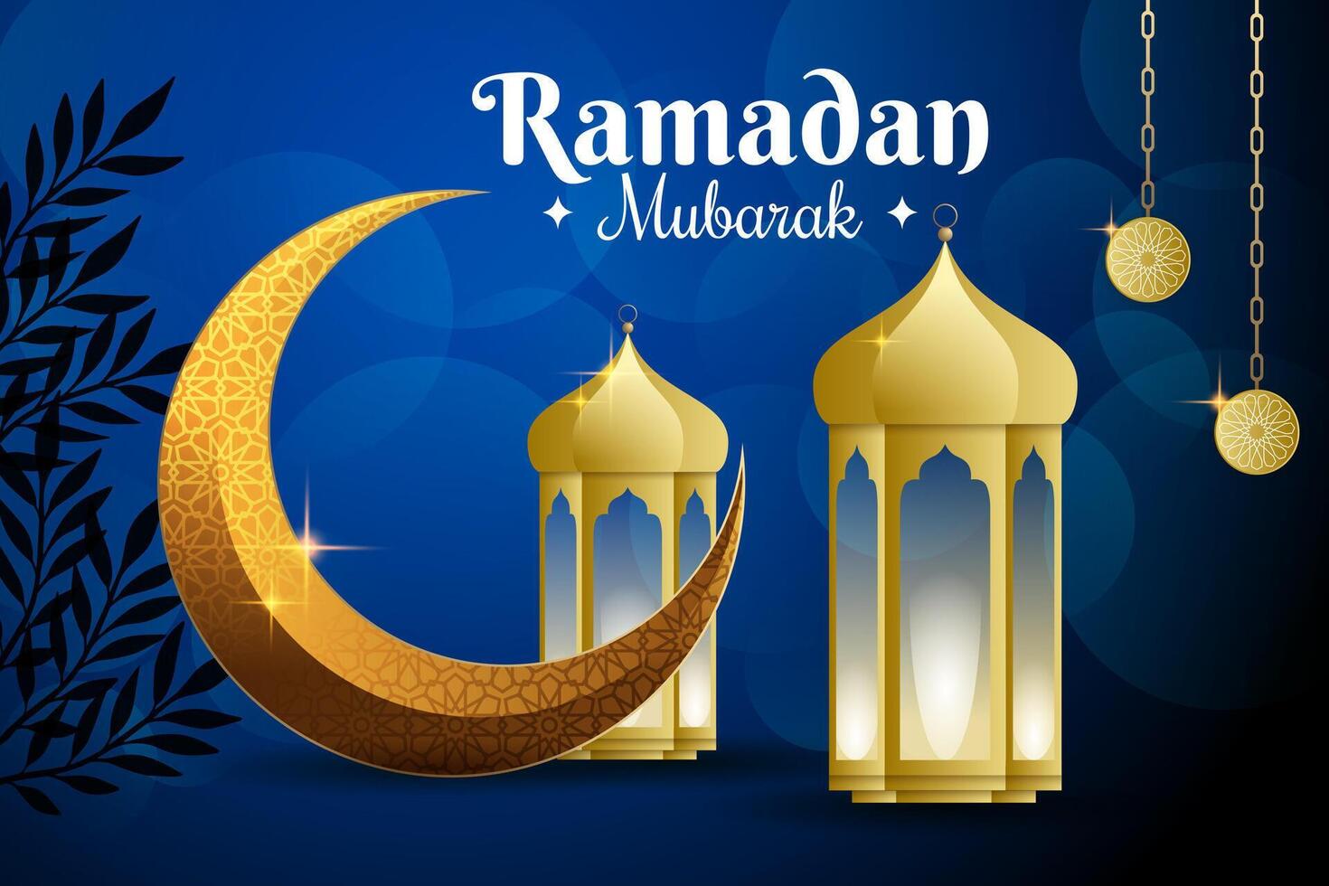 ramzan mubarak greeting with islamic design lantern and eid moon vector