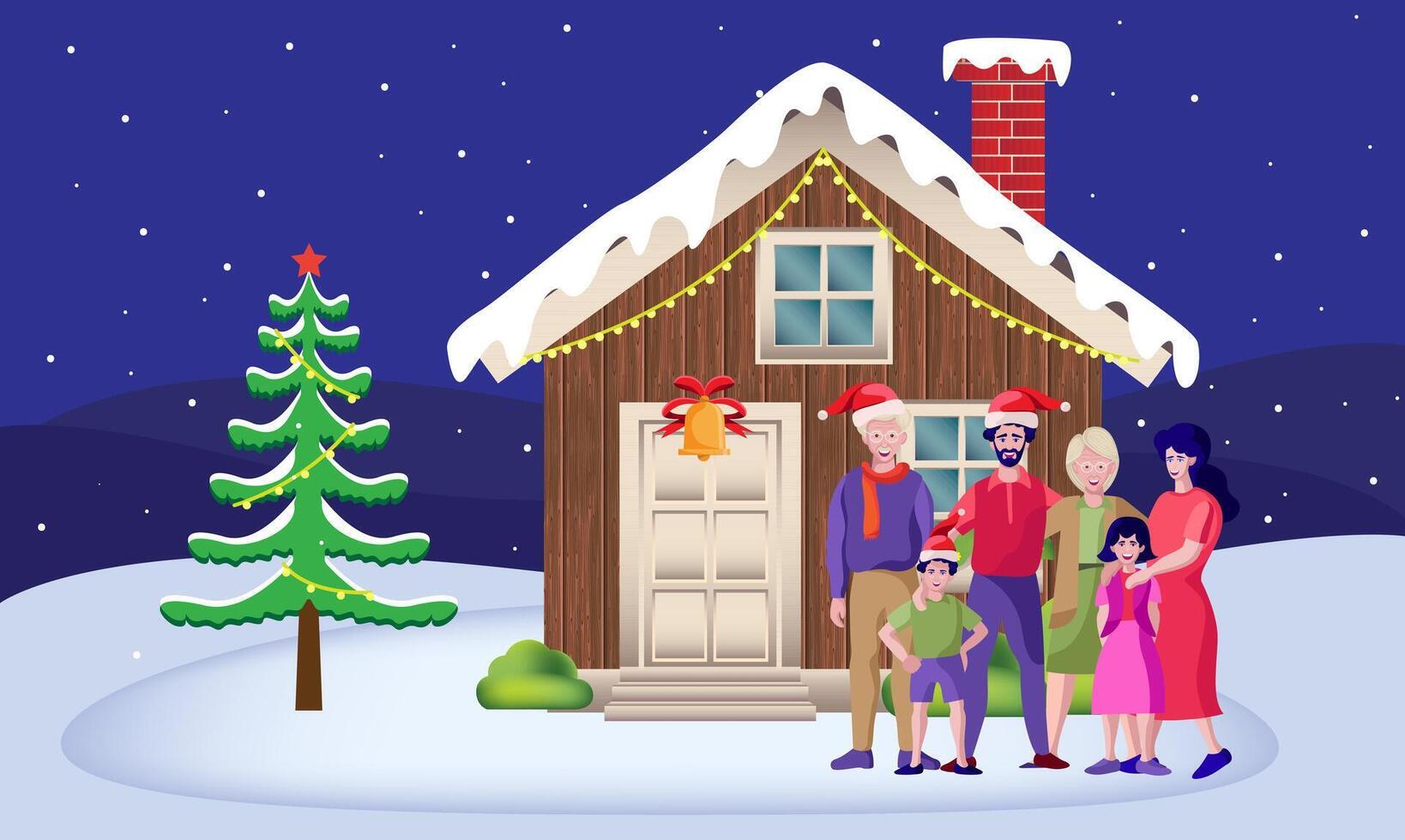 familia celebrando Navidad al aire libre vector ilustración