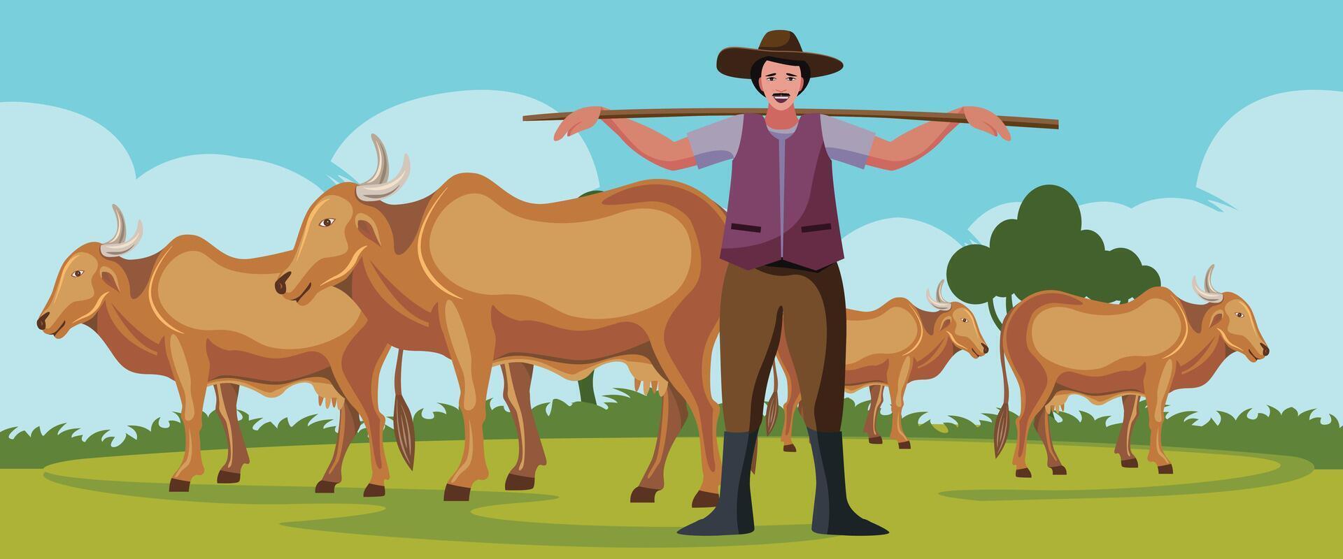 cowboy standing with the cows vector