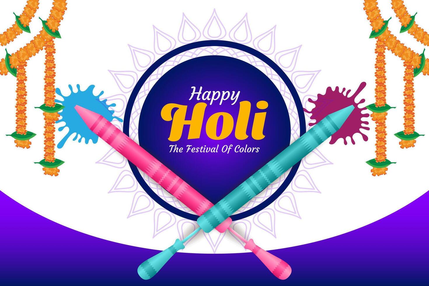 colorful happy holi hindu festival celebration greeting with color splash and pichkari vector