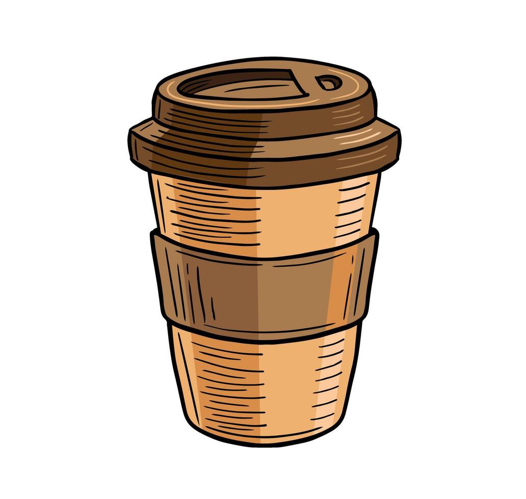 desechable taza de café con cartulina poseedor y gorra mano dibujado grabado bosquejo dibujo vector
