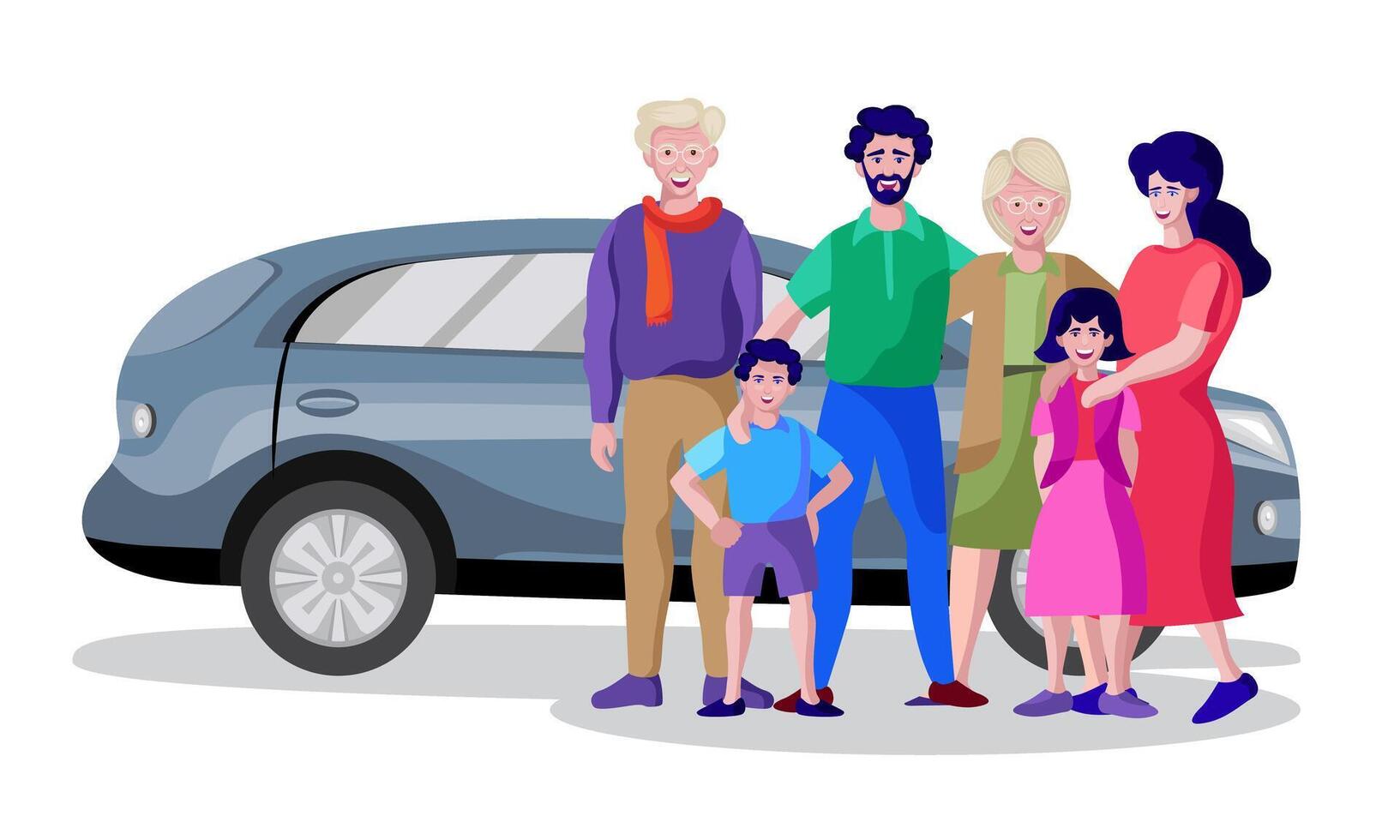 happy family posing in front of car, standing vector