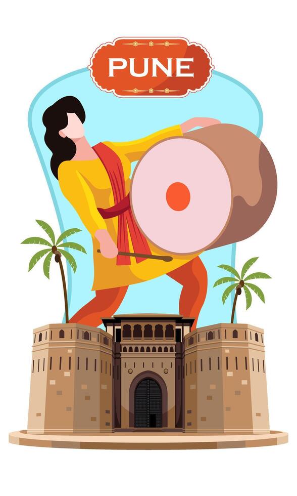 pune festival, con niña jugando dhol y shaniwar wada fuerte vector