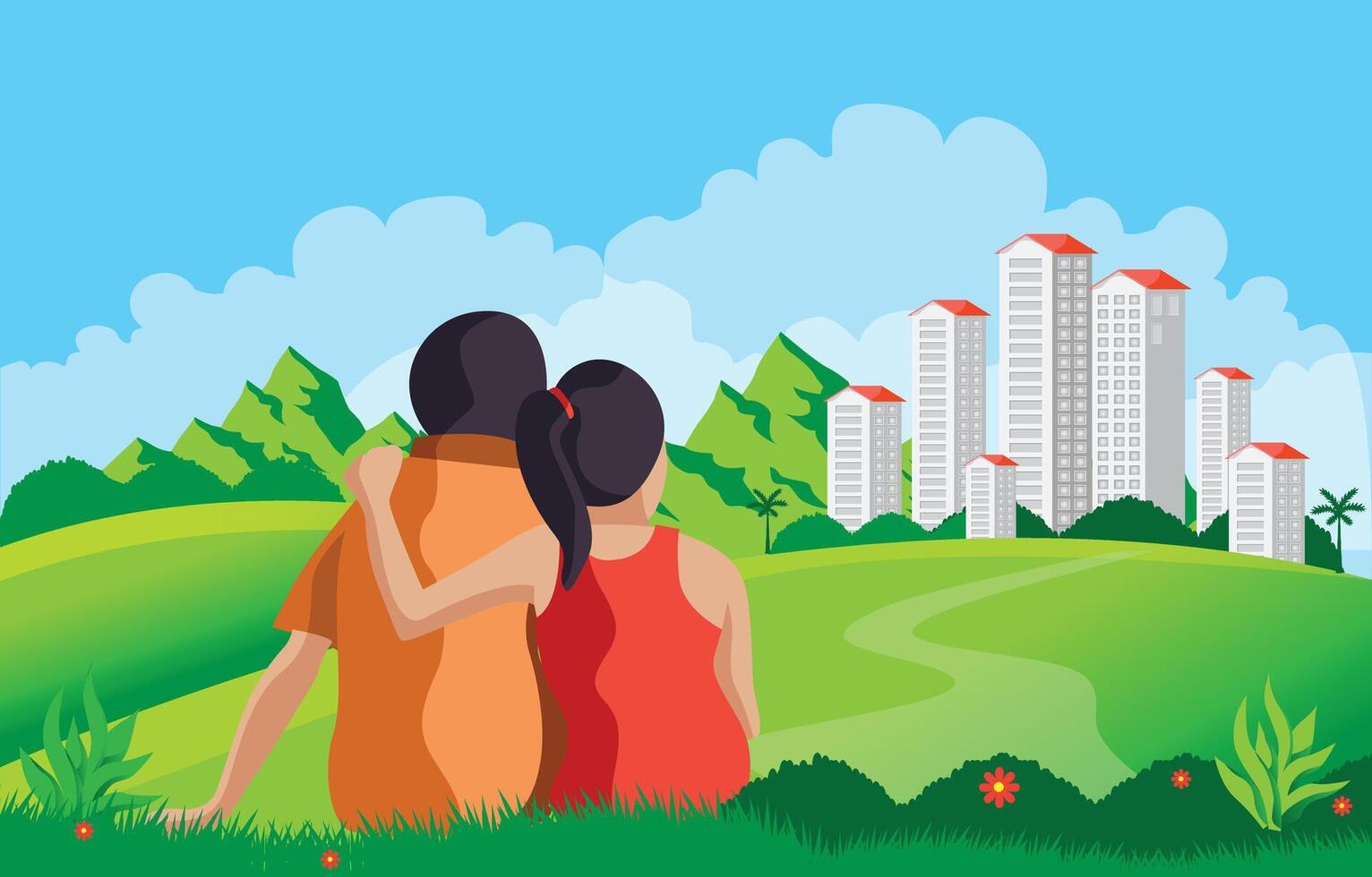 couple watching modern building society in mountains. Future. Modern vector