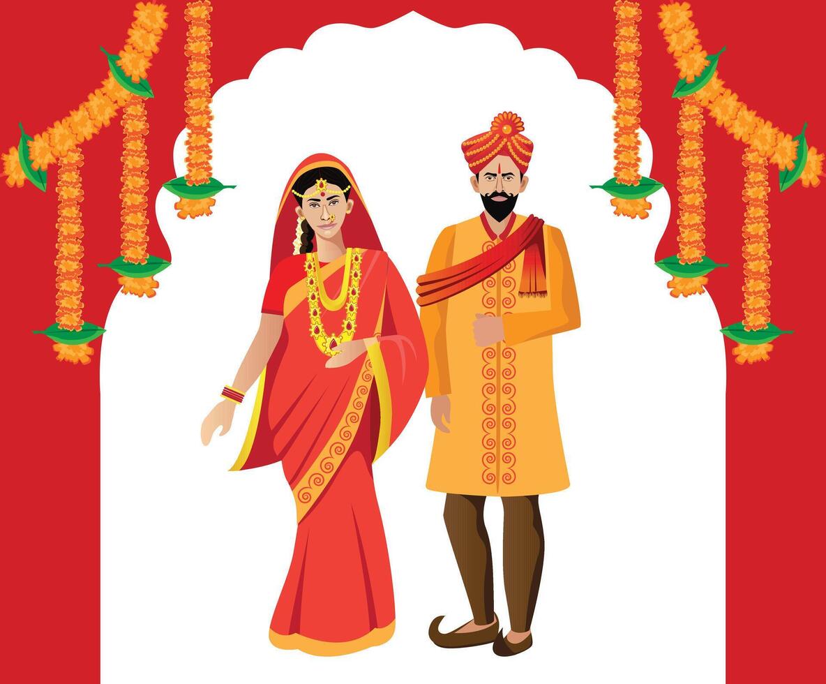 maharashtriano, hindú Pareja en pie para boda, novia y novio en decoración vector