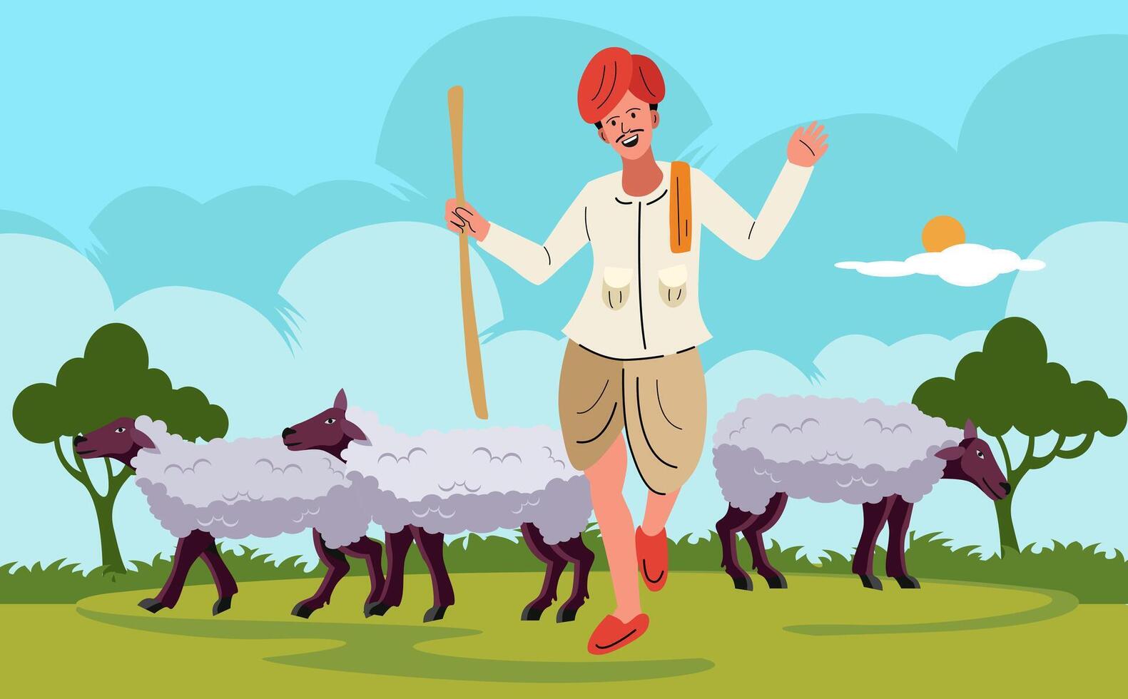 Rabari man, shepherd with flock of sheep in traditional dress vector