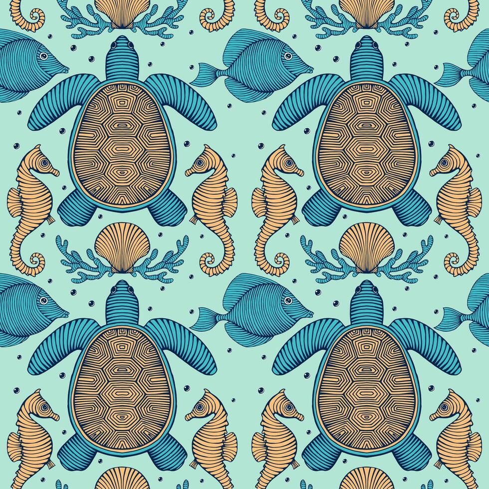 Vintage Hand drawn Seamless pattern with sea creatures. Sea life background. Decorative wallpaper vector illustration
