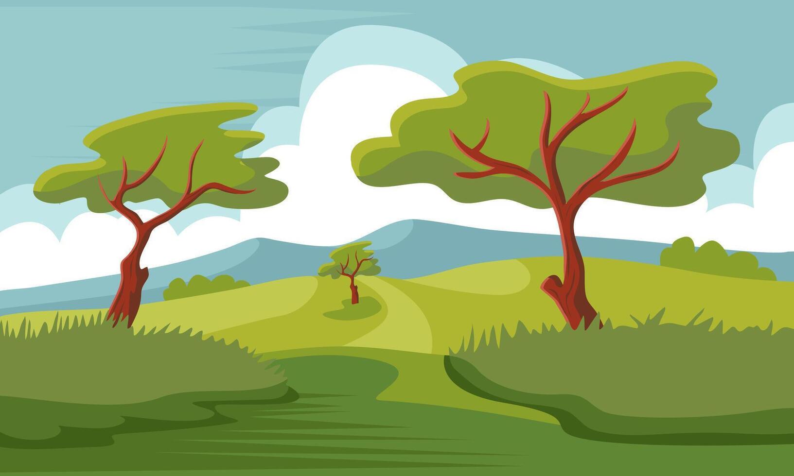 wild path to mountains landscape vector illustration