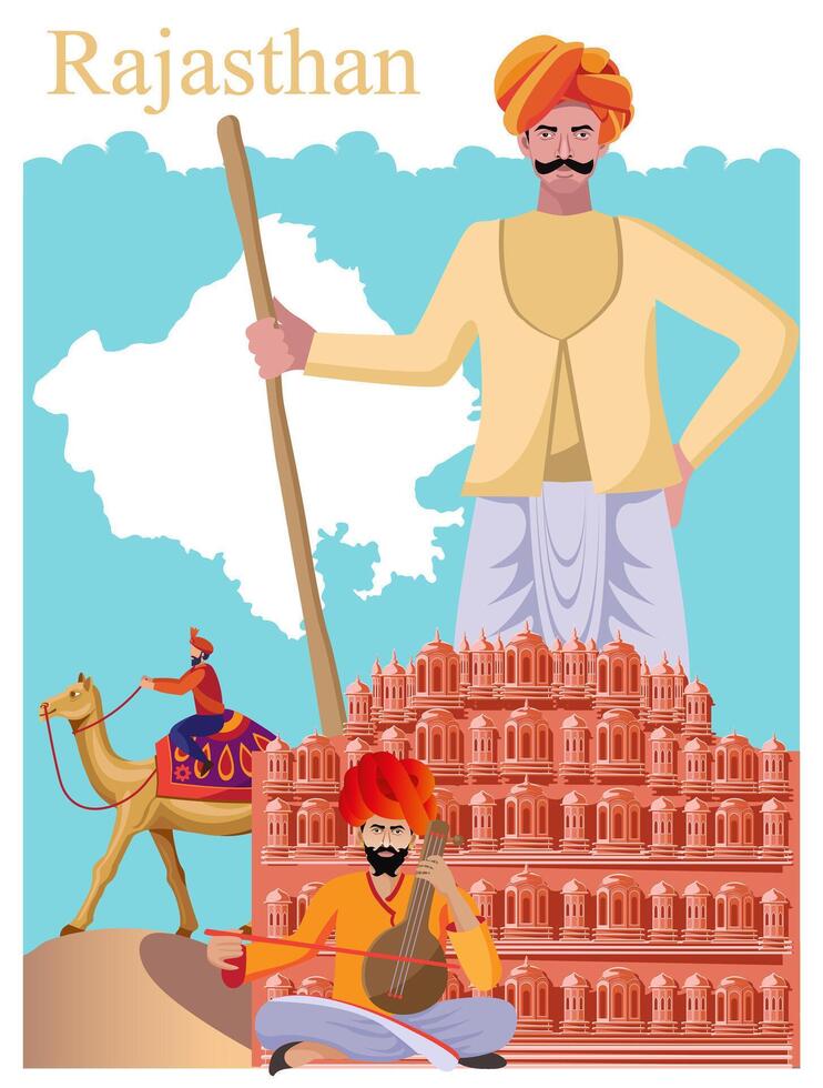 rajasthan collage with hawa mahal and cultural people vector