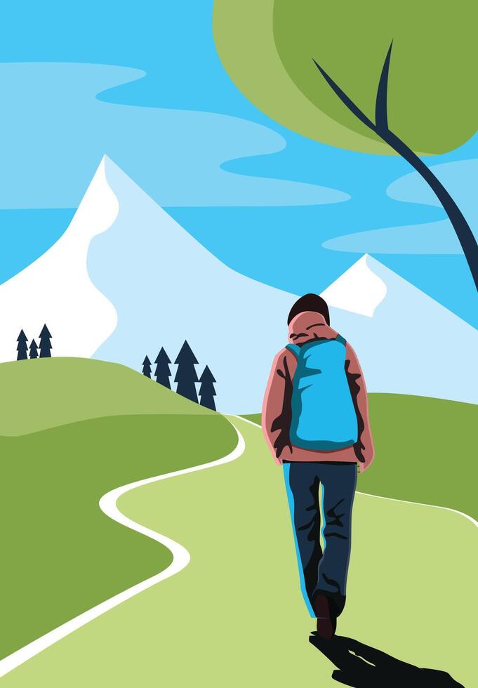 travel backpack alone man walking backside in mountain vector