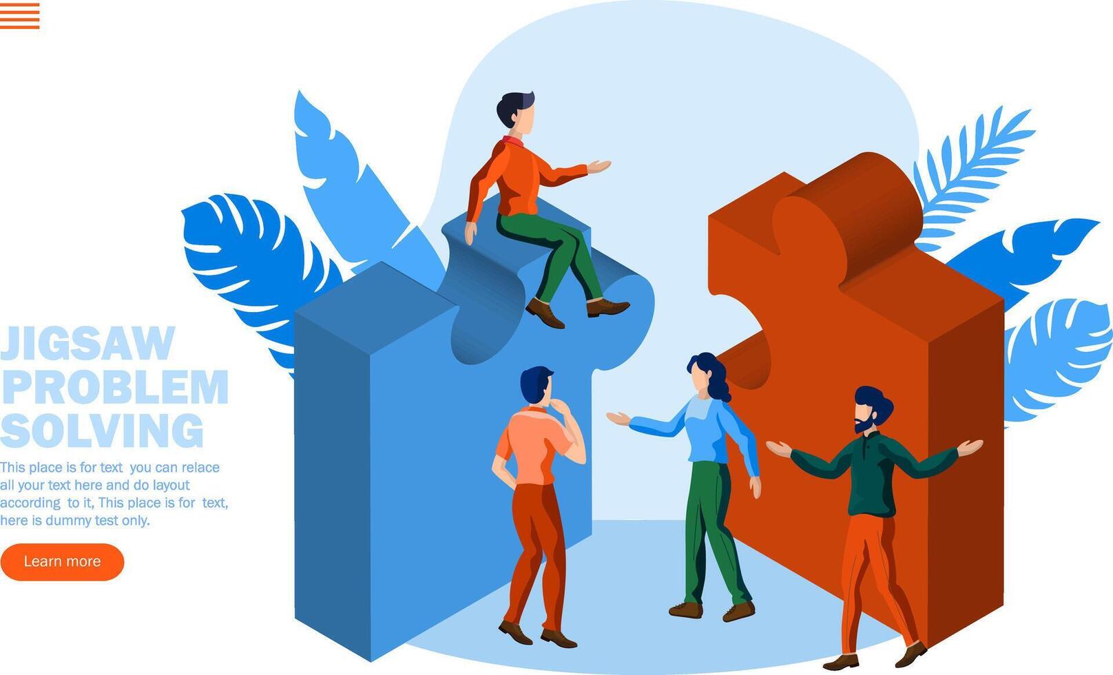 team discussing strategy for problem solving with jigsaw puzzle, isometric concept vector illustration