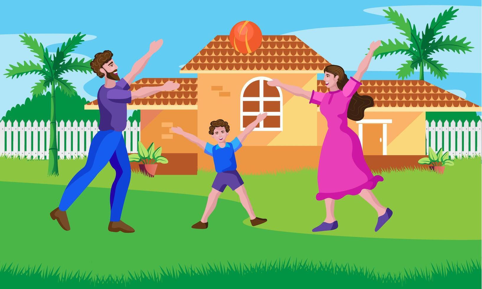 mother and father playing ball with son in home garden, family playing outside vector
