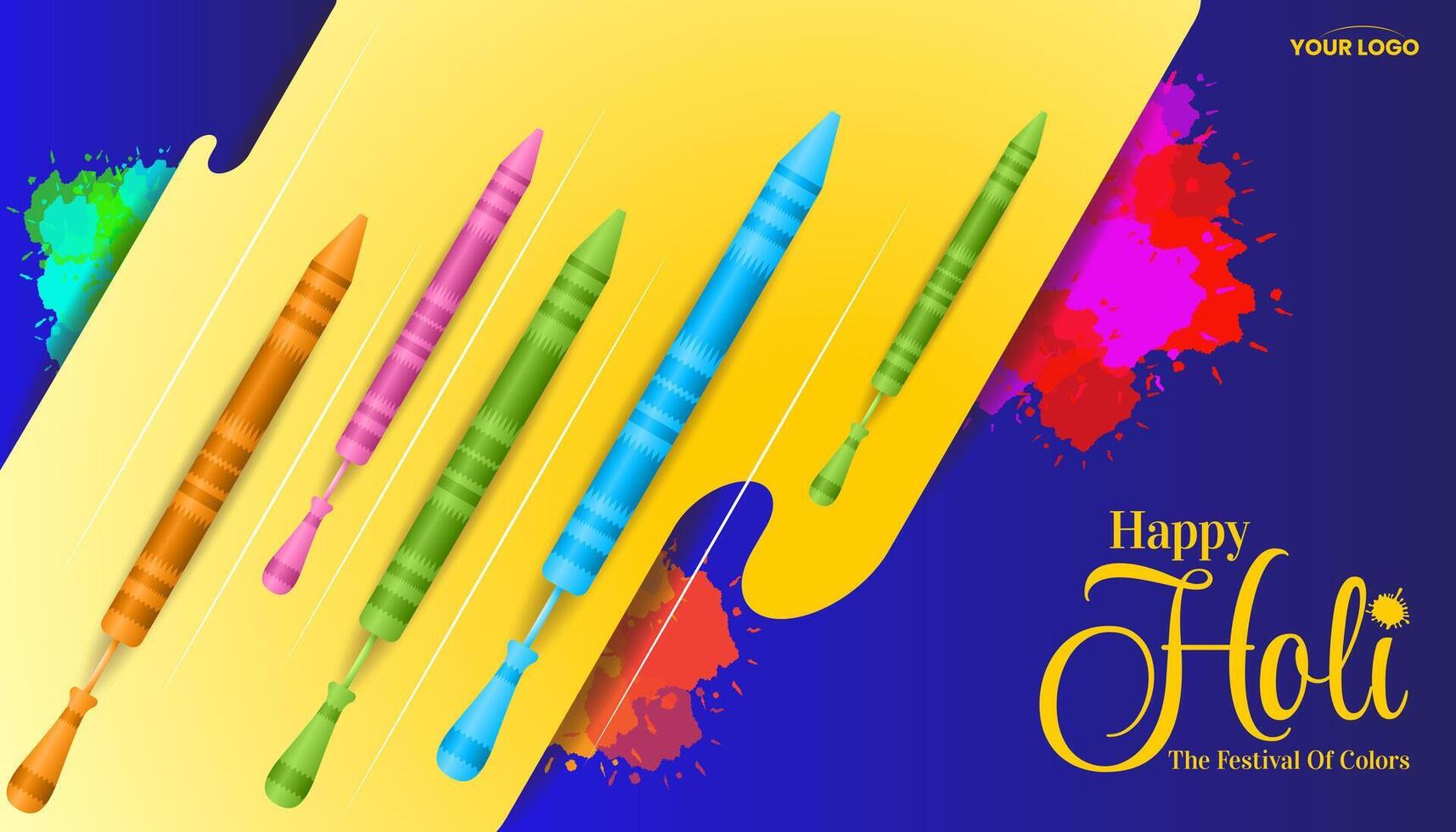 colorful happy holi hindu festival celebration greeting with color splash and pichkari vector