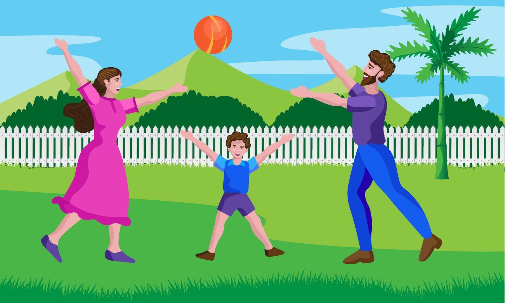 parents, mother and father playing with son in garden vector