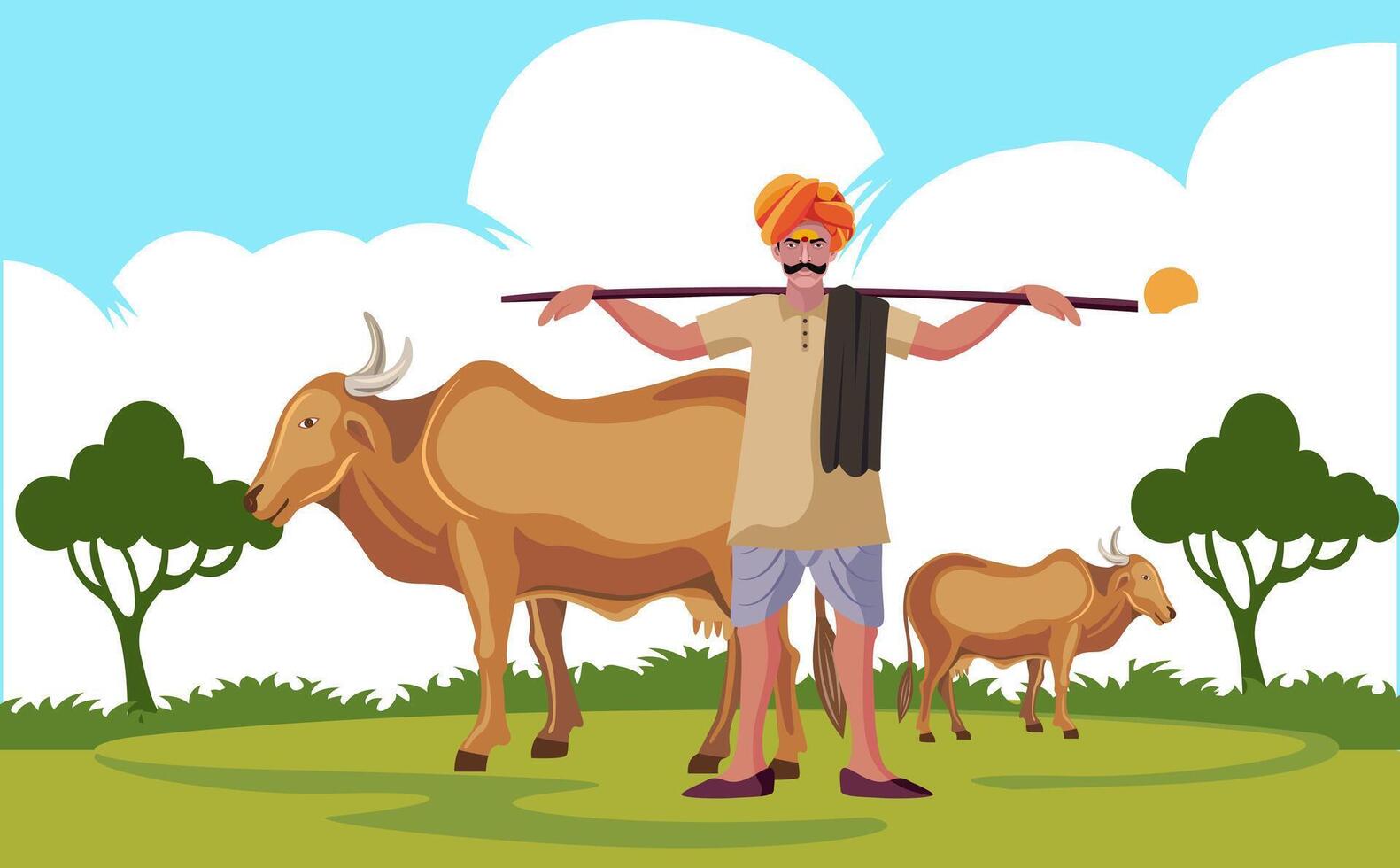 Dhangar, rabari man with the herd of cows, cattles in traditional dress vector
