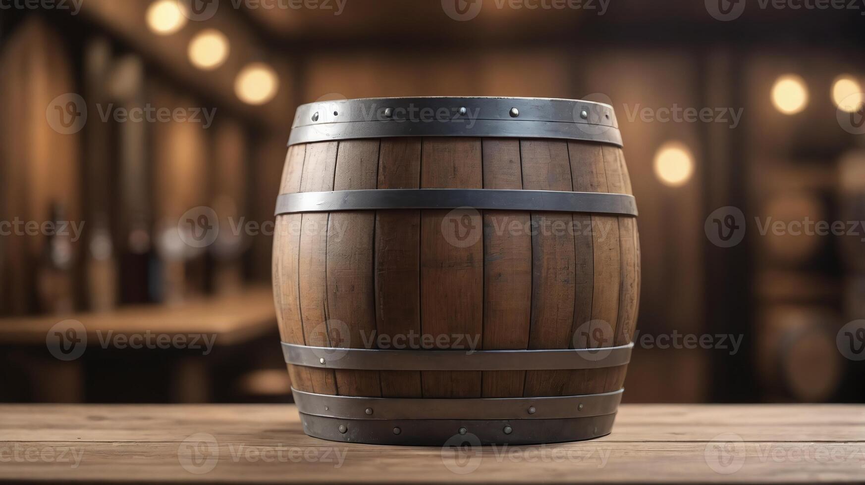 AI generated Beer Barrel On Wood Table With Blurred Background. AI Generated photo