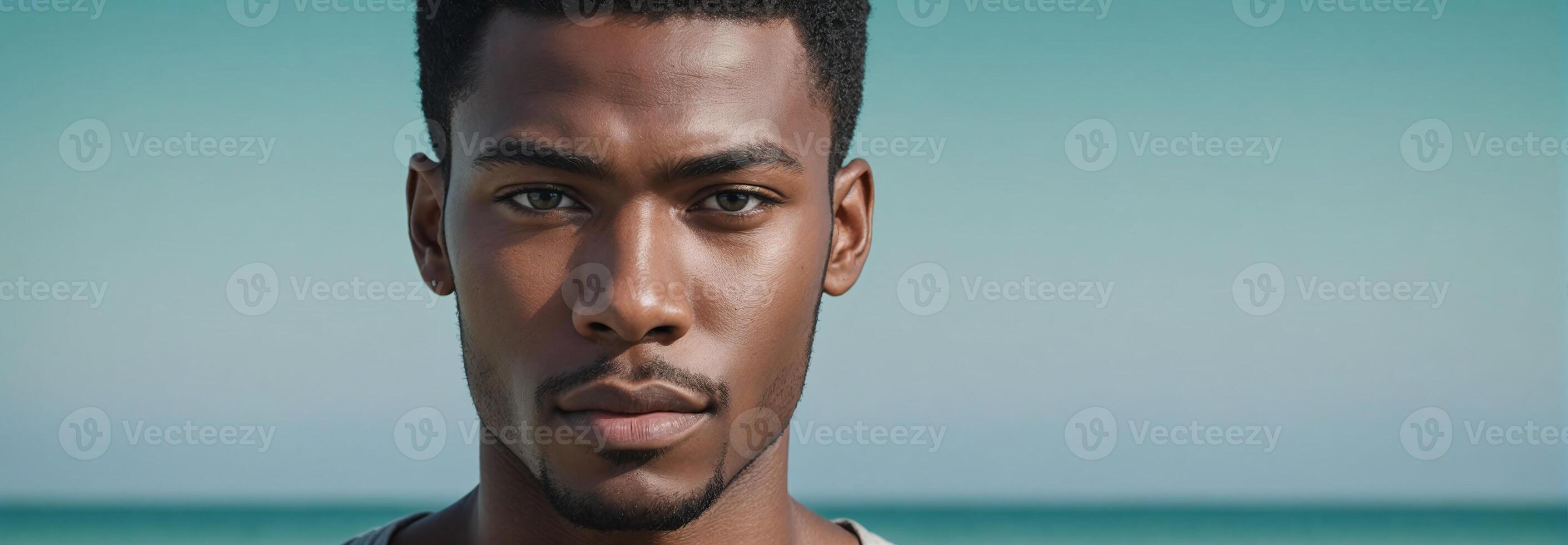 ai generado tiro medio retrato foto de un celoso africano americano hermoso masculino modelo con un negro pelo aislado en un Mar verde antecedentes con Copiar espacio bandera modelo. ai generado