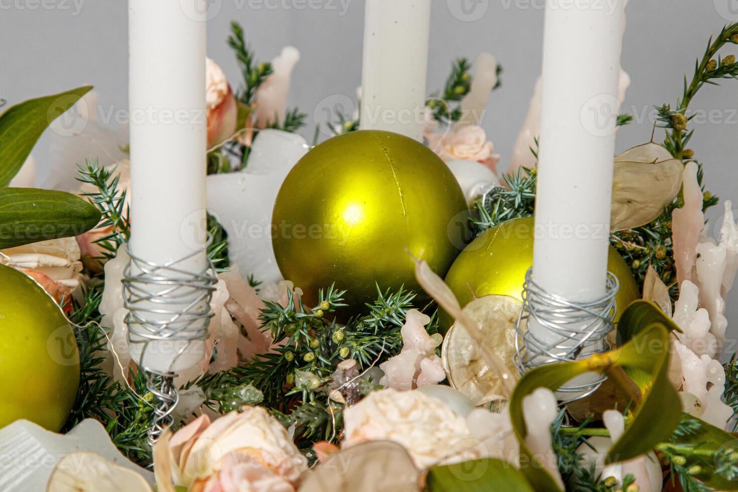 Christmas composition of flowers and Christmas decorations photo