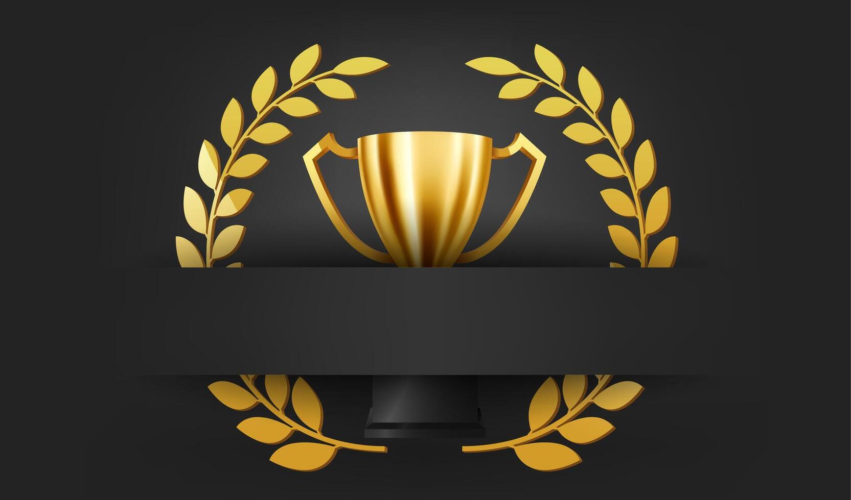 Realistic Golden Trophy with Gold Laurel Wreath and Place of Your Text on Dark Background, Vector Illustration