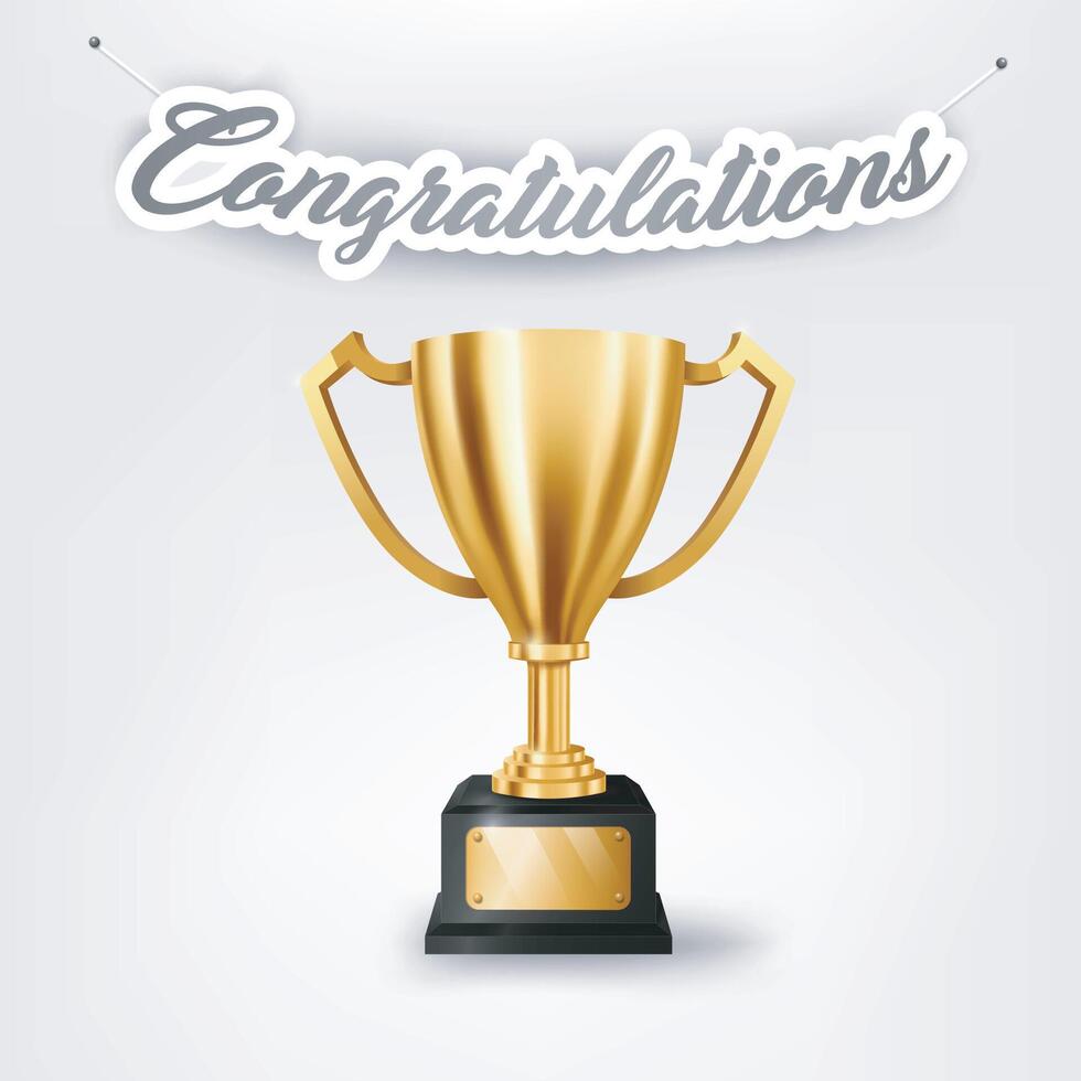 Realistic Golden Trophy with Text Space and Congratulations Text Hanging on The Wall, Vector Illustration