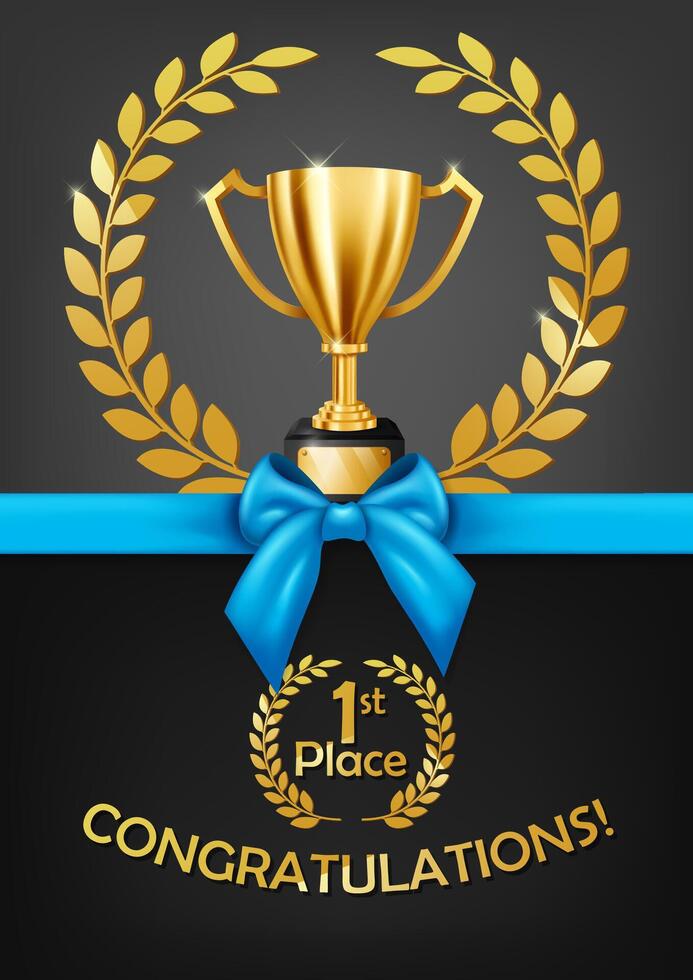 Congratulations Greeting Card with Blue Bow and Golden Trophy, Vector Illustration