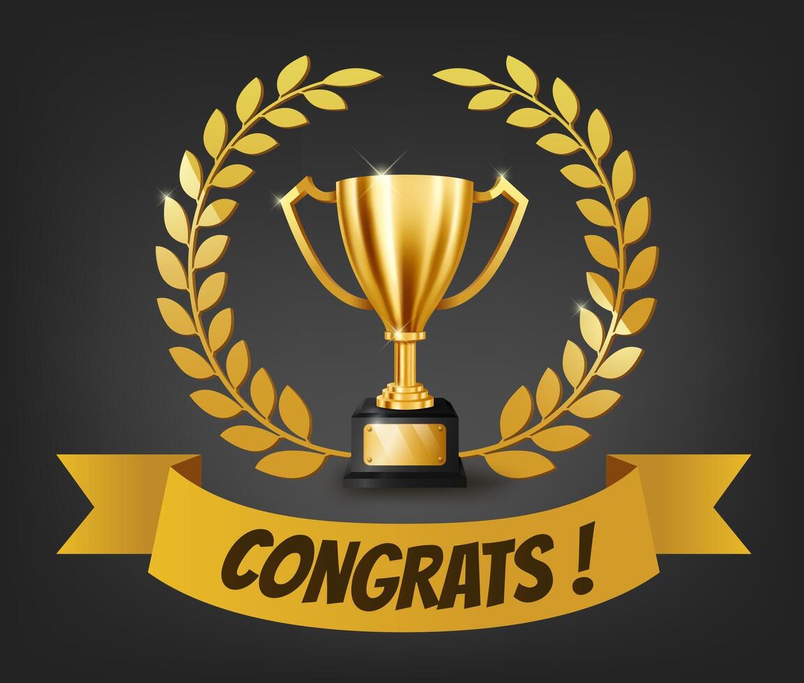 Realistic Golden Trophy with Gold Laurel Wreath and Congrats Text on Yellow Ribbon, Vector Illustration