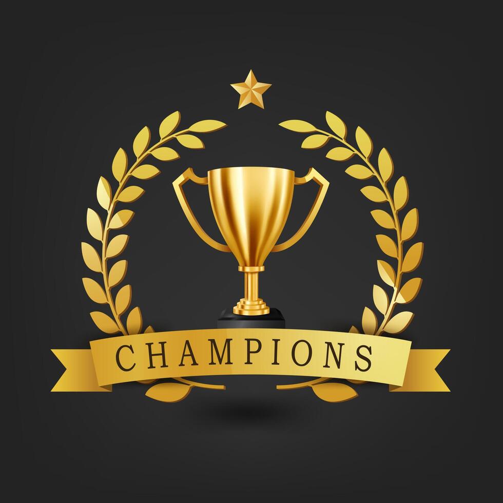 Realistic Golden Trophy with Gold Laurel Wreath and Champions Text on Gold Ribbon, Vector Illustration