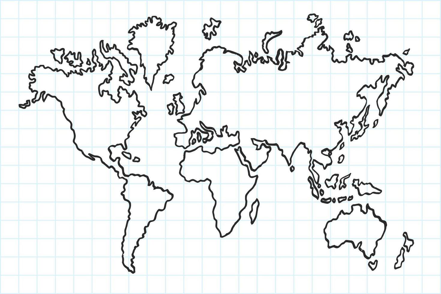 Hand Drawn Flat World Map. Isolated and Real Pen Sketch, Vector Illustration